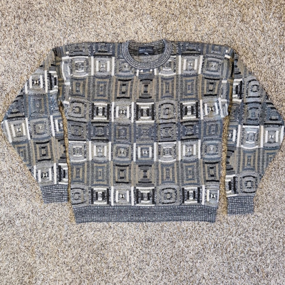 Vintage Mark Shale Mens XL Grey Geometric 3D Textured Knit Crewneck Sweater USA